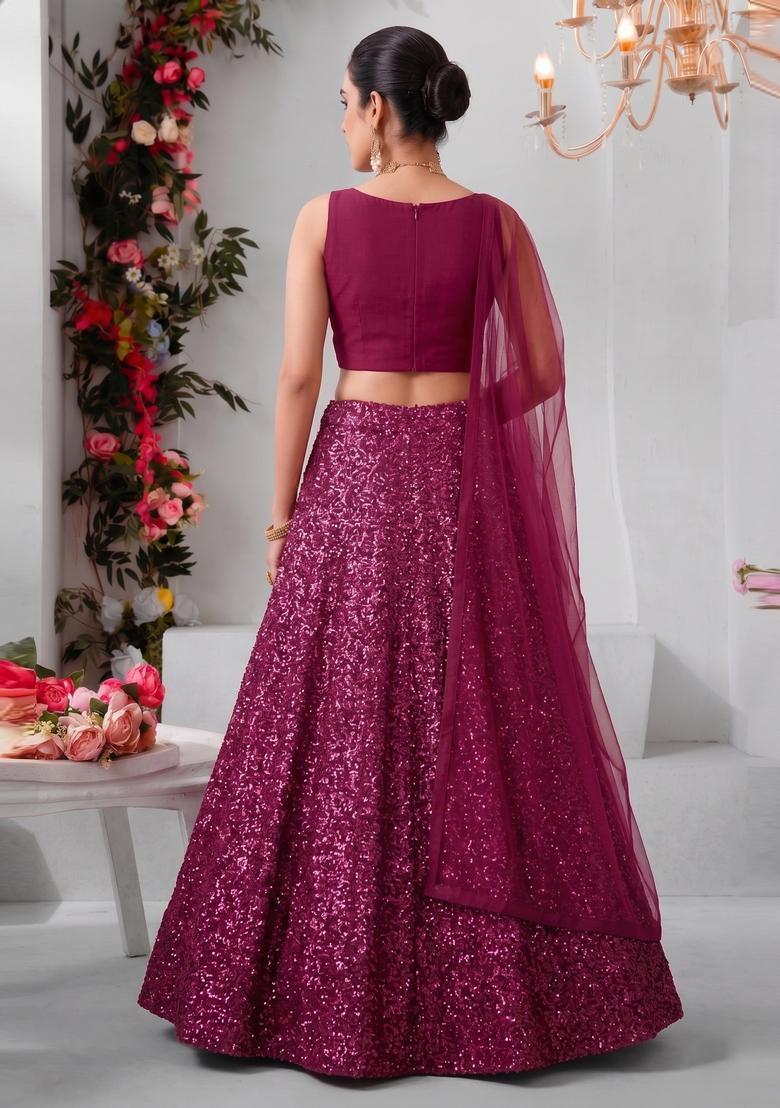 Hot Pink Embroidered Georgette Lehenga Set - Indya