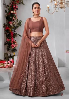 Coffee Brown Embroidered Georgette Lehenga Set