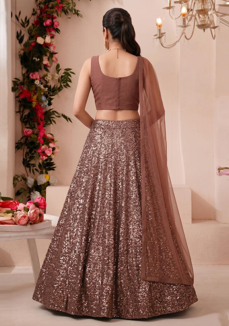 Coffee Brown Embroidered Georgette Lehenga Set - Indya