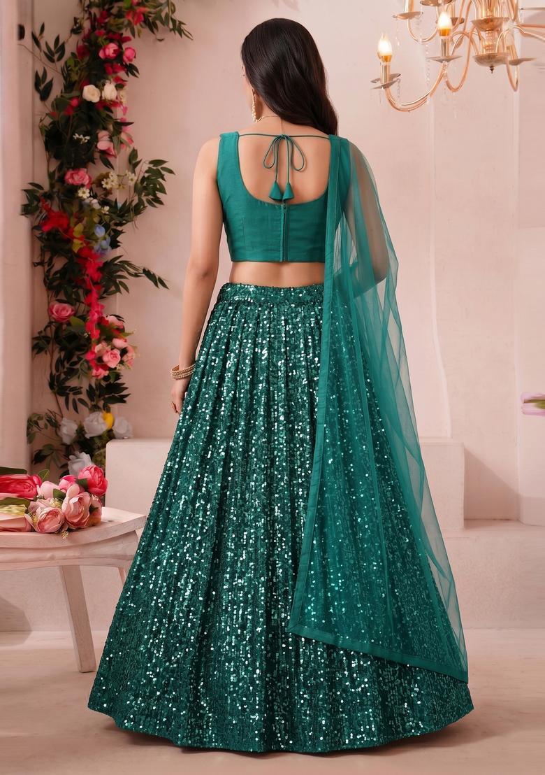 Emerald Green Embroidered Georgette Lehenga Set - Indya