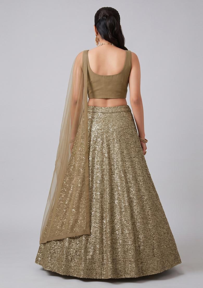 Olive Gold Embroidered Georgette Lehenga Set - Indya