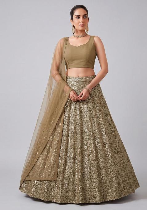 Olive Gold Embroidered Georgette Lehenga Set