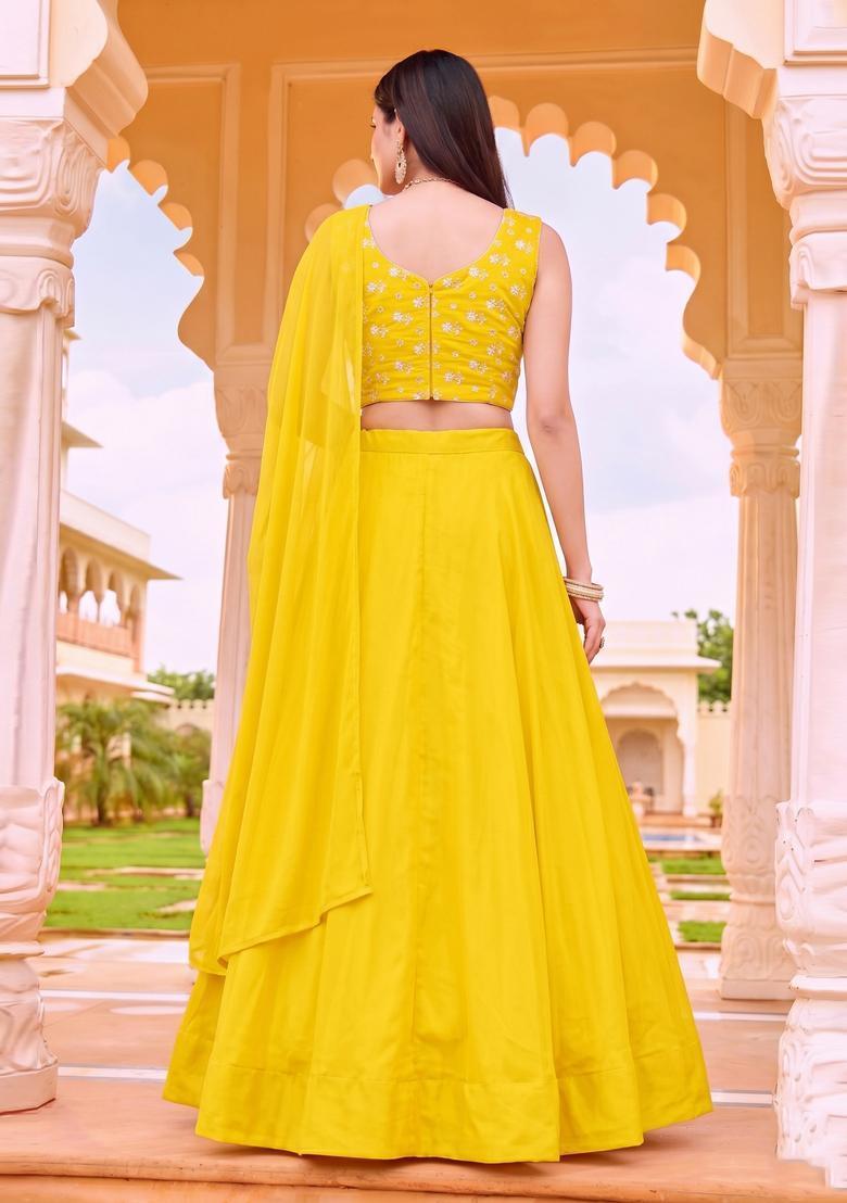 Bright Yellow Embroidered Chanderi Lehenga Set - Indya