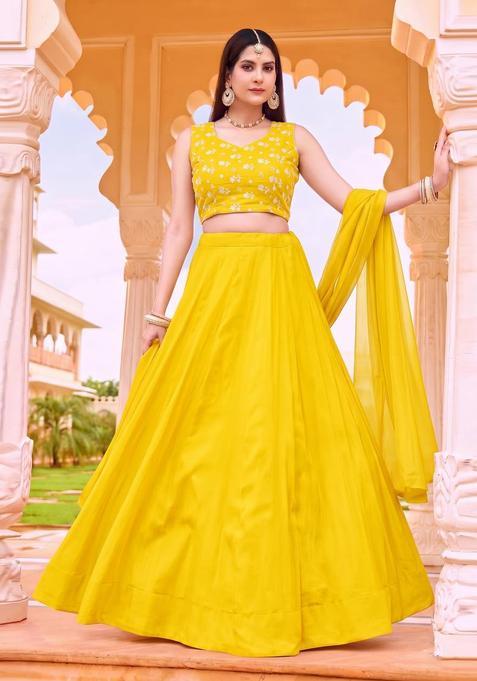 Bright Yellow Embroidered Chanderi Lehenga Set