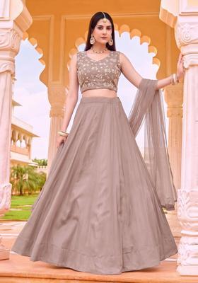 Taupe Brown Embroidered Chanderi Lehenga Set