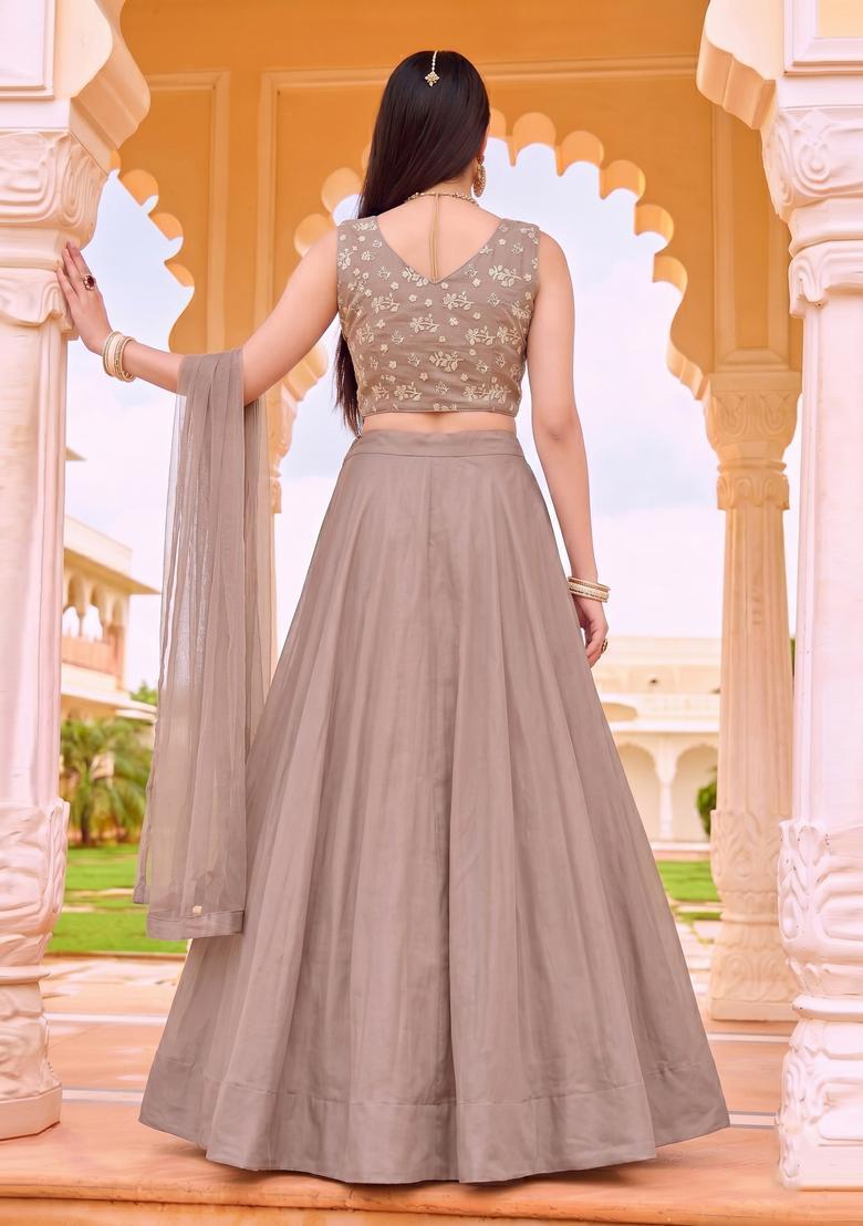 Taupe Brown Embroidered Chanderi Lehenga Set - Indya