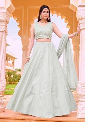 Mint Green Embroidered Chanderi Lehenga Set