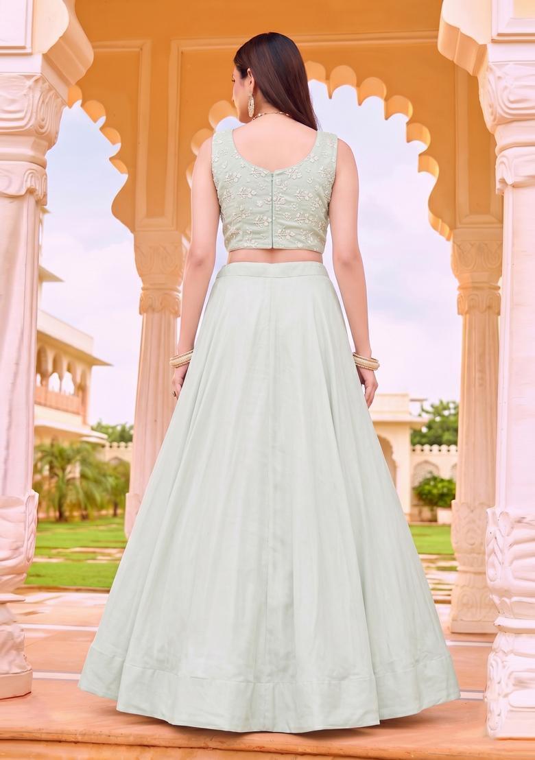 Mint Green Embroidered Chanderi Lehenga Set - Indya