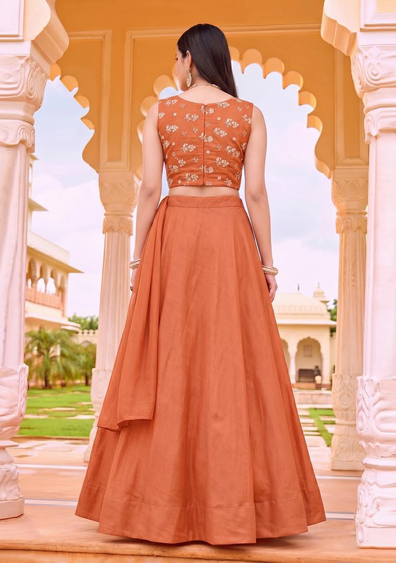 Rust Orange Embroidered Chanderi Lehenga Set - Indya