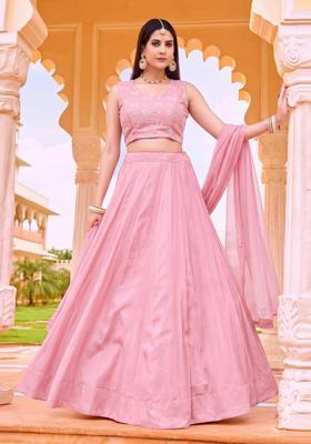 Pastel Pink Embroidered Chanderi Lehenga Set