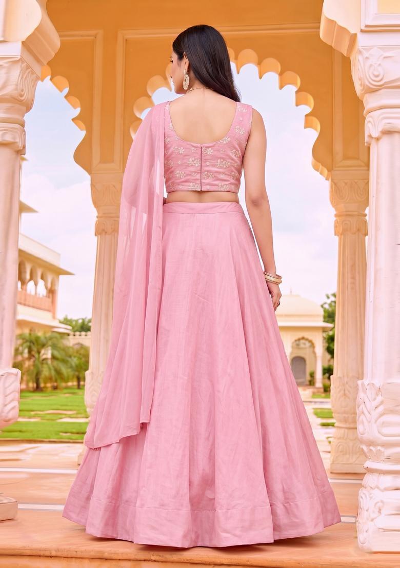 Pastel Pink Embroidered Chanderi Lehenga Set - Indya