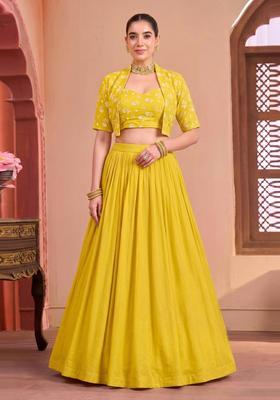 Mustard Yellow Embroidered Chanderi Lehenga Set