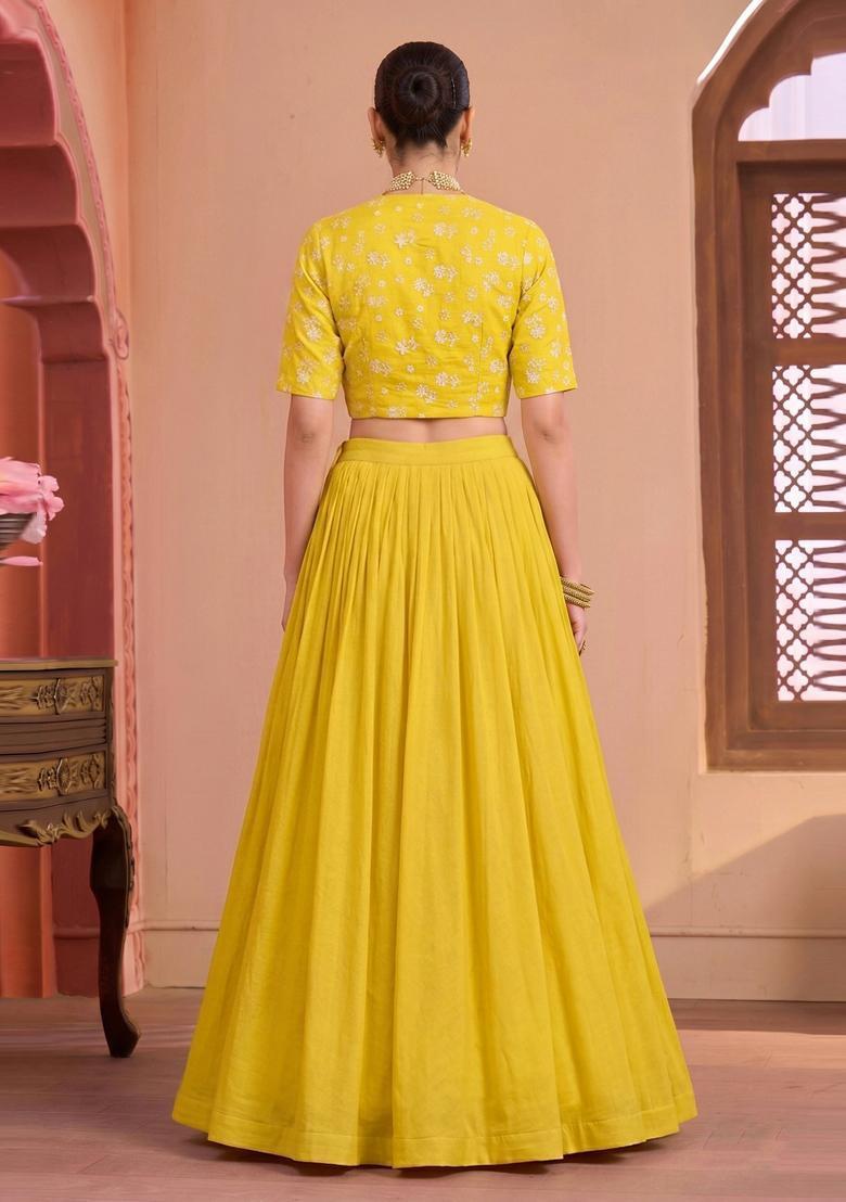Mustard Yellow Embroidered Chanderi Lehenga Set - Indya