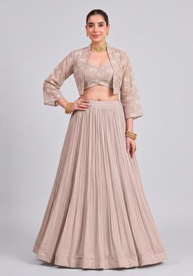 Taupe Beige Embroidered Chanderi Lehenga Set