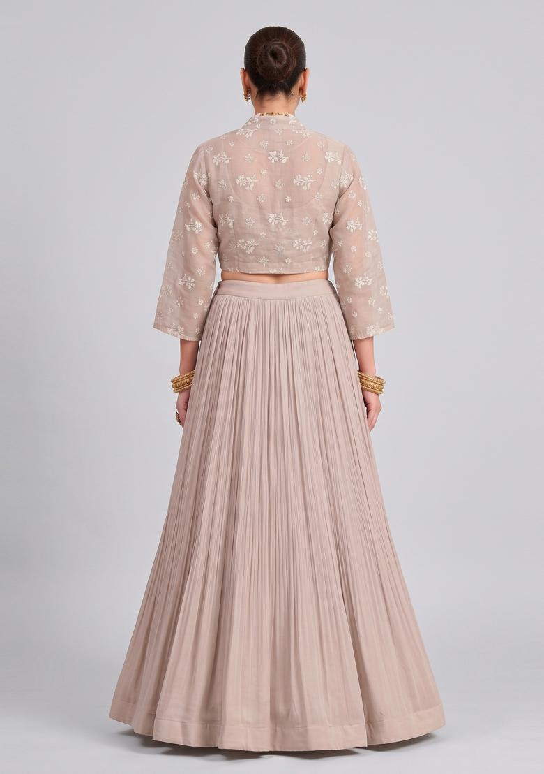 Taupe Beige Embroidered Chanderi Lehenga Set - Indya