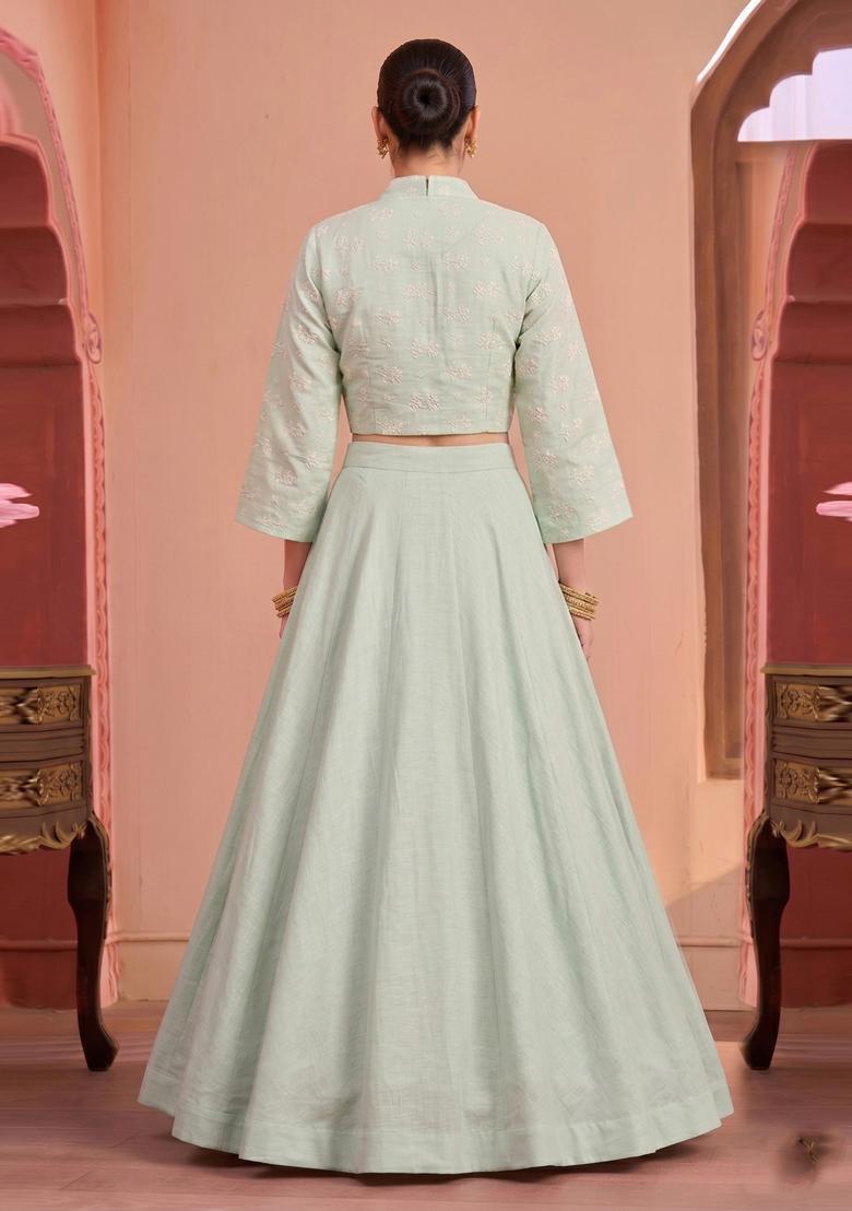 Mint Green Embroidered Chanderi Lehenga Set - Indya