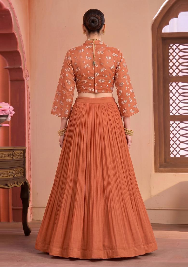 Rust Orange Embroidered Chanderi Lehenga Set - Indya