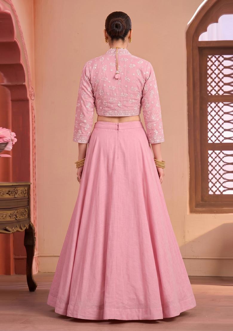 Pastel Pink Embroidered Chanderi Lehenga Set - Indya