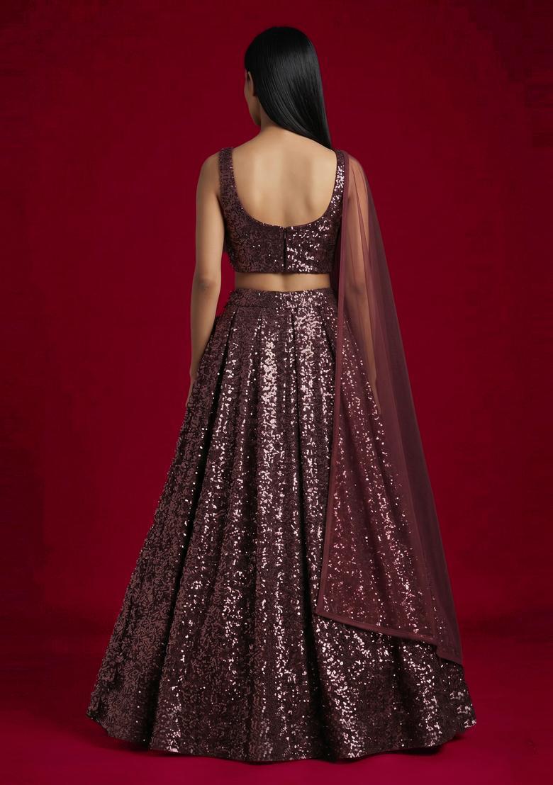 Deep Wine Sequin Georgette Lehenga Set - Indya