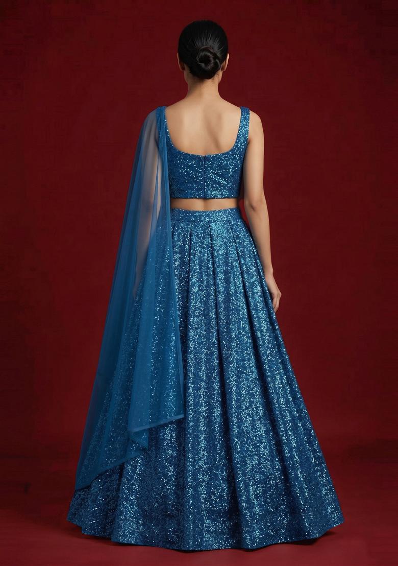Royal Blue Sequin Georgette Lehenga Set - Indya