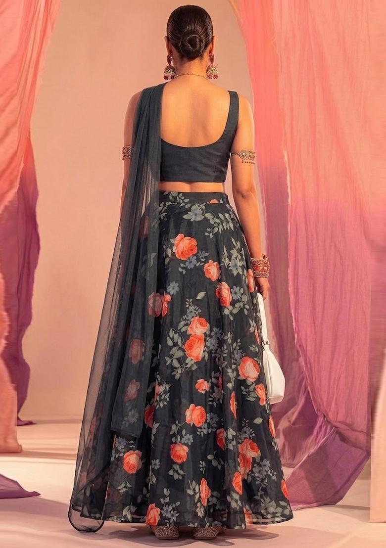 Charcoal Grey Floral Print Georgette Lehenga Set - Indya