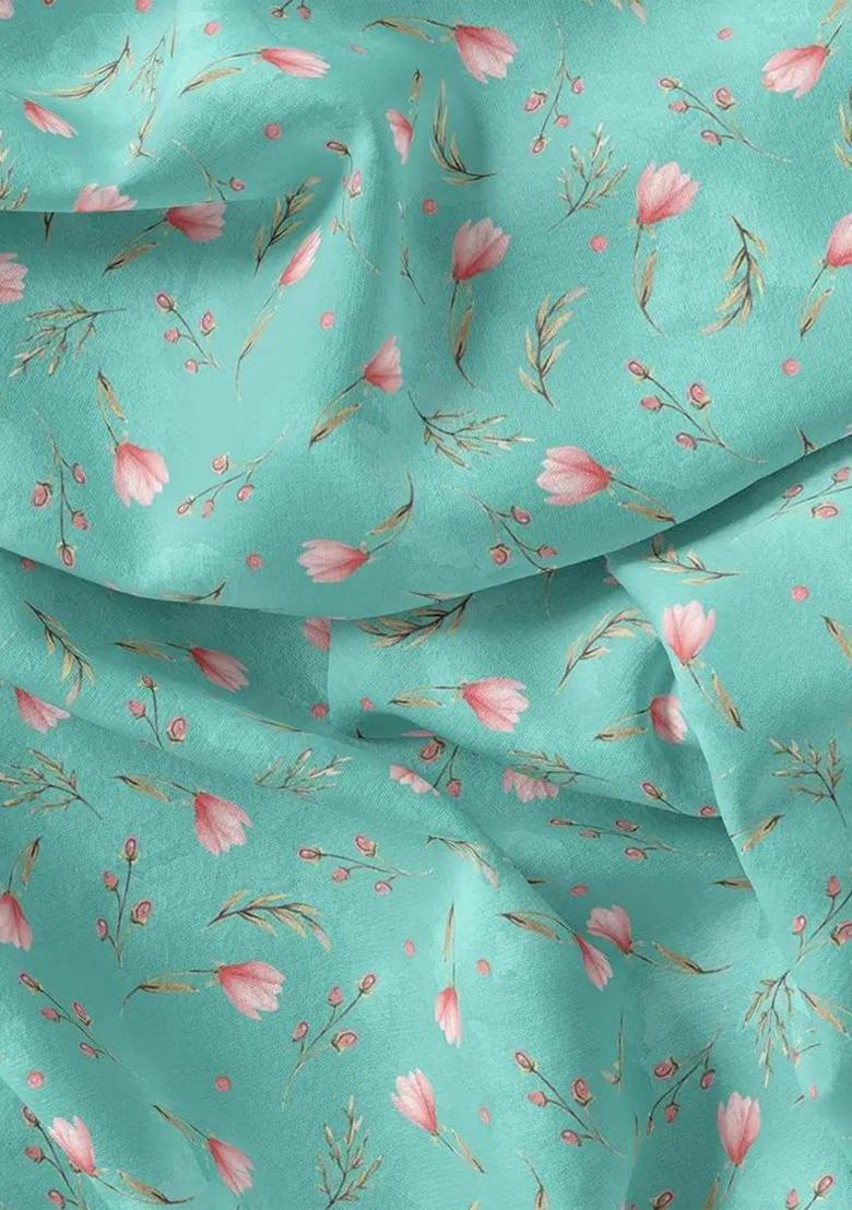 Sky Blue Floral Print Georgette Lehenga Set - Indya