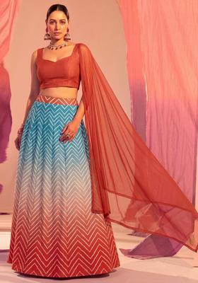 Rust Orange Abstract Print Georgette Lehenga Set