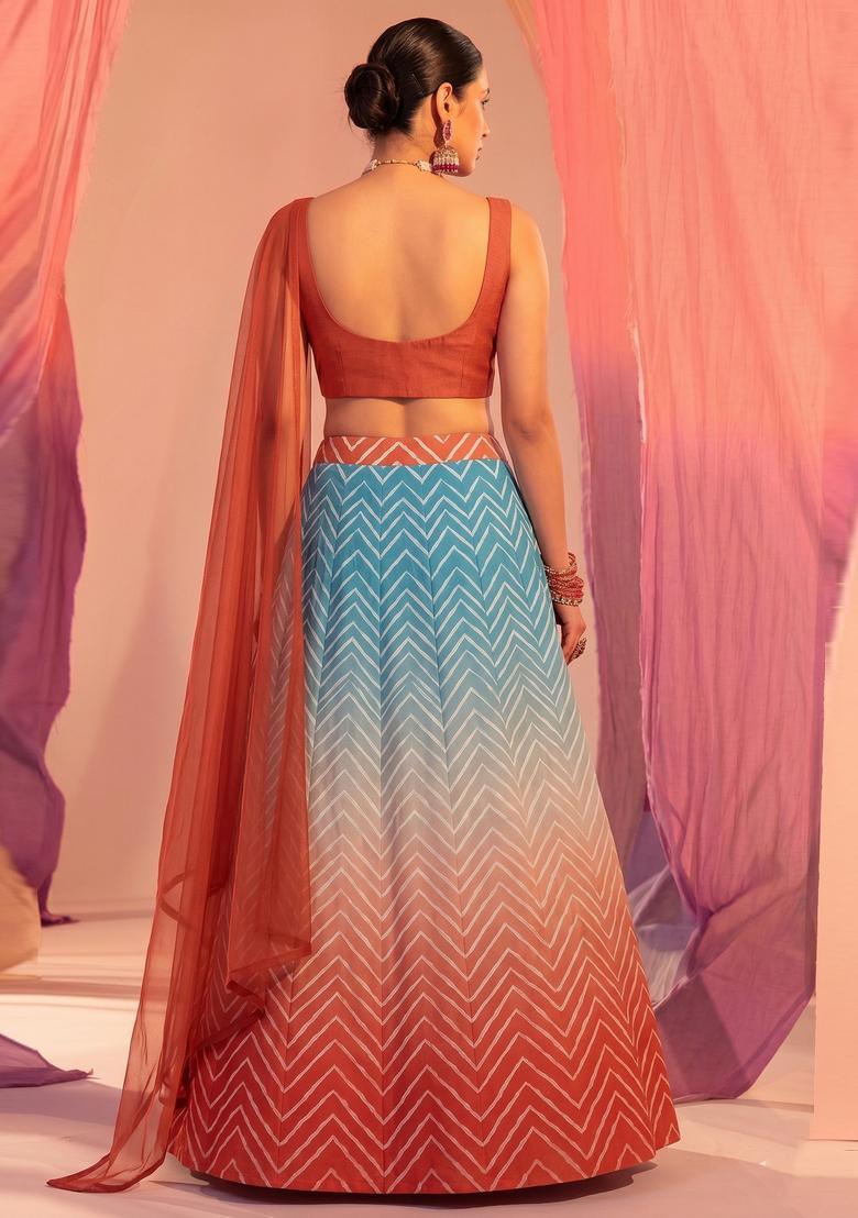 Rust Orange Abstract Print Georgette Lehenga Set - Indya