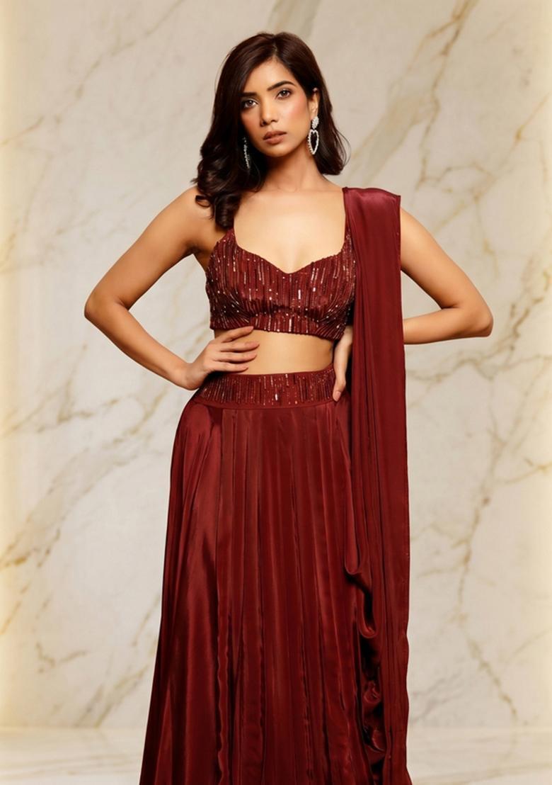 Deep Maroon Embroidered Handwork Lehenga Set - Indya