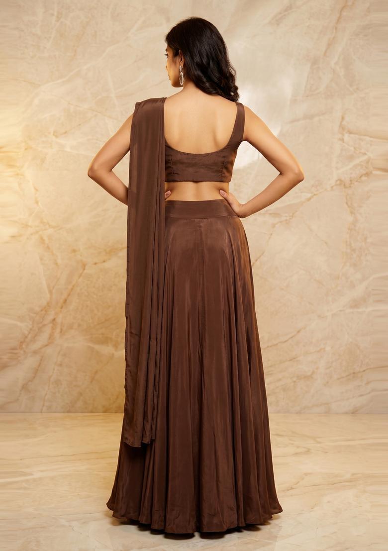 Chocolate Brown Embroidered Handwork Lehenga Set - Indya