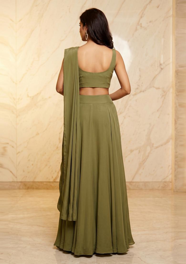Olive Green Embroidered Handwork Lehenga Set - Indya