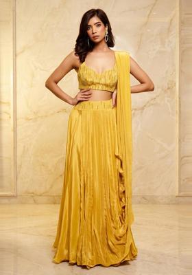 Mustard Yellow Embroidered Handwork Lehenga Set
