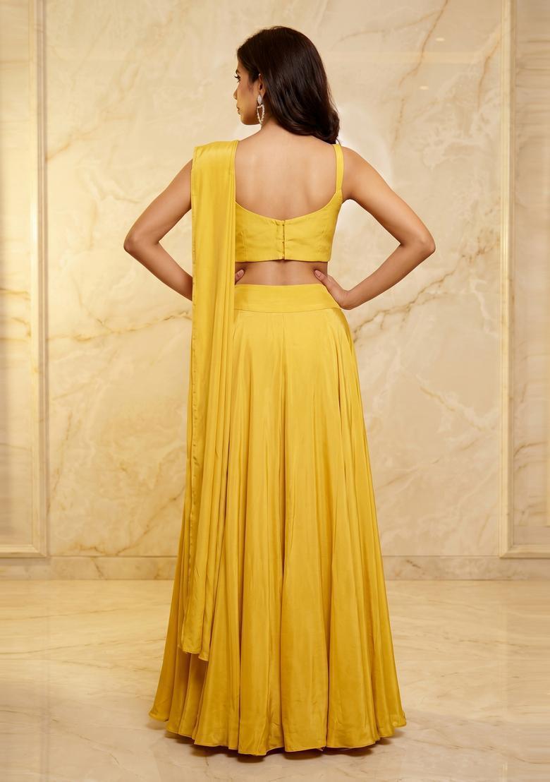 Mustard Yellow Embroidered Handwork Lehenga Set - Indya