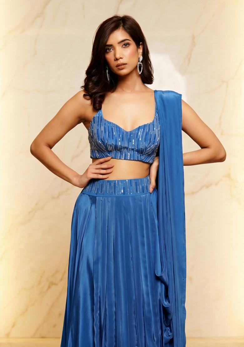 Royal Blue Embroidered Handwork Lehenga Set - Indya