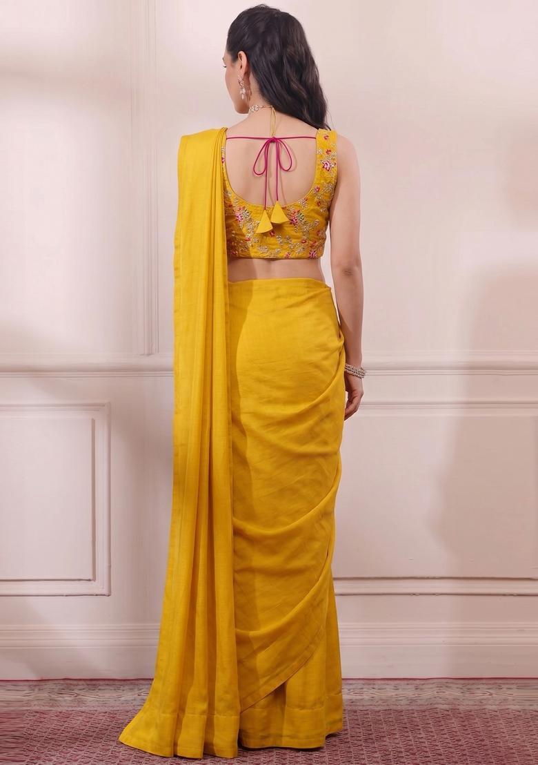 Mustard Yellow Embroidered Crepe Pre Draped Saree Set - Indya