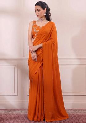 Rust Orange Embroidered Crepe Pre Draped Saree Set