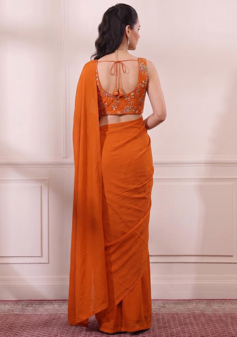 Rust Orange Embroidered Crepe Pre Draped Saree Set - Indya