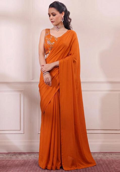 Rust Orange Embroidered Crepe Pre Draped Saree Set