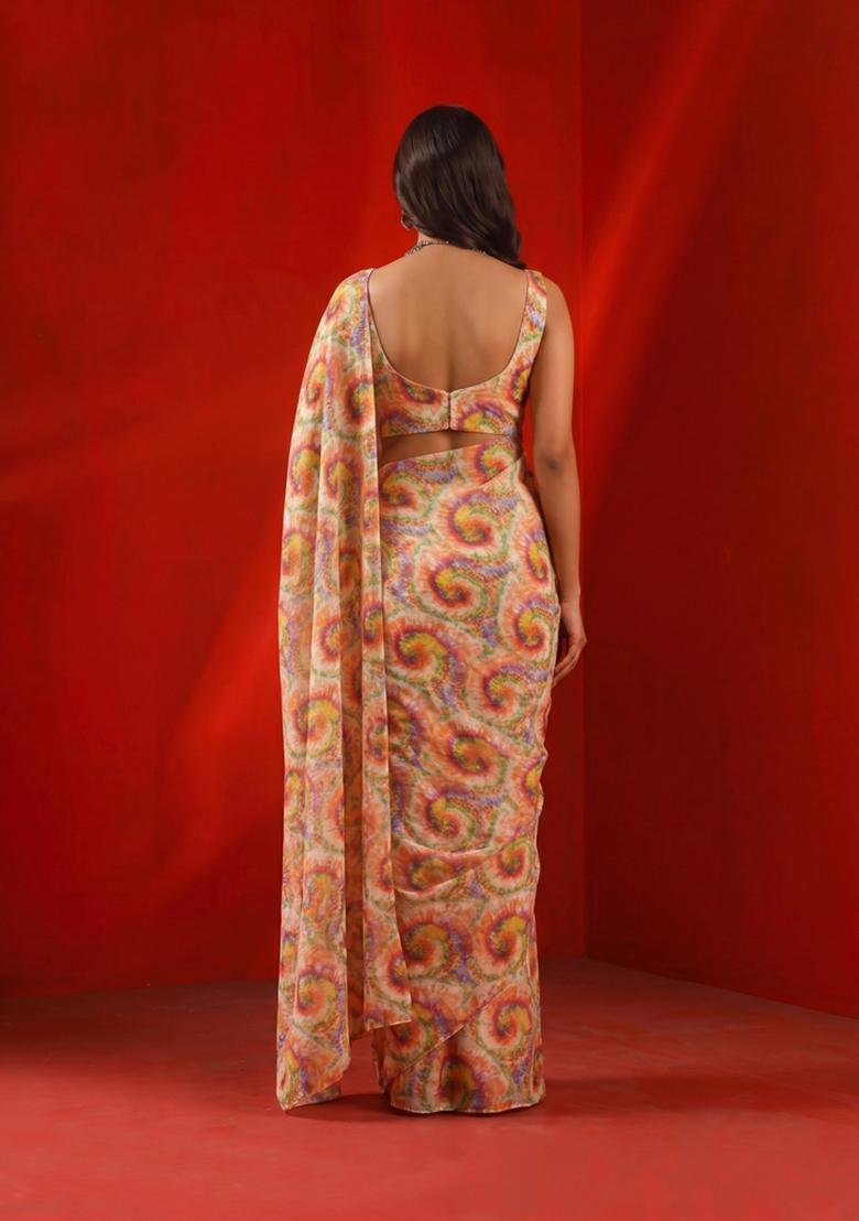 Beige Printed Satin Pre Draped Saree Set - Indya