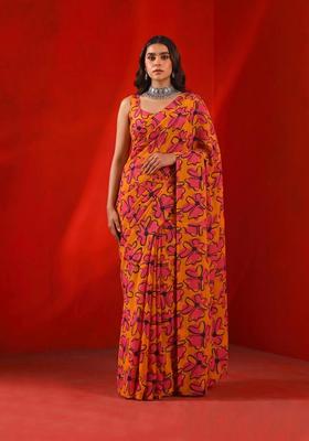 Orange Printed Satin Pre Draped Saree Set