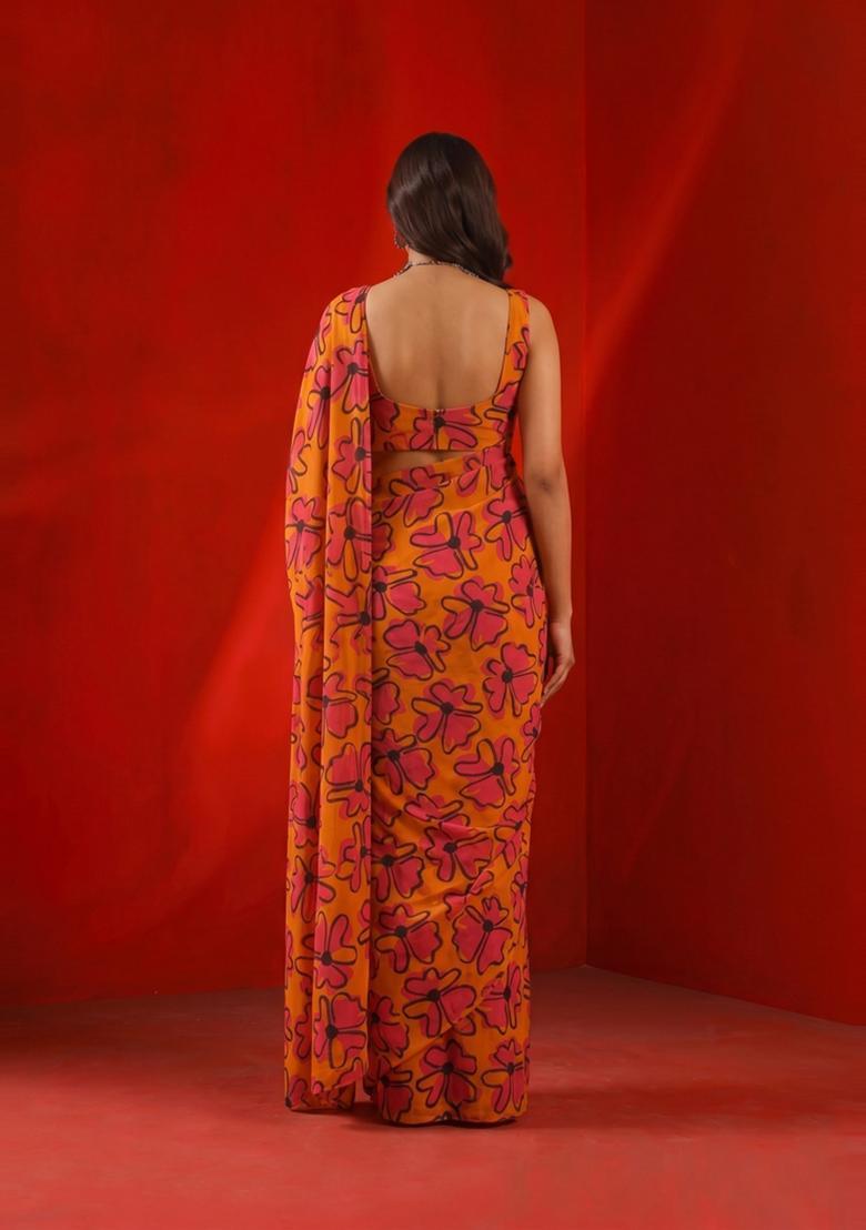 Orange Printed Satin Pre Draped Saree Set - Indya