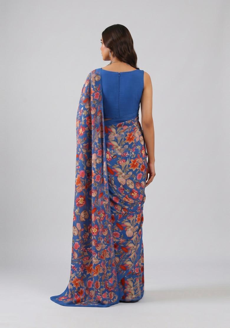Royal Blue Printed Satin Pre Draped Saree Set - Indya