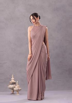 Mauve Embellished Net Pre Draped Saree Set