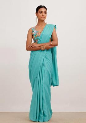 Teal Floral Print Silk Blend Pre Draped Saree Set