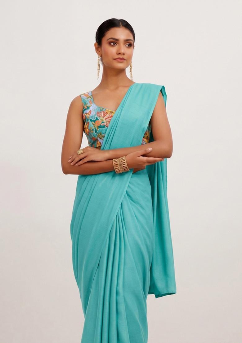Teal Floral Print Silk Blend Pre Draped Saree Set - Indya
