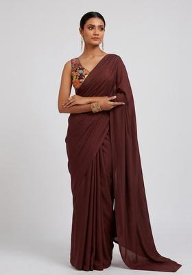 Chocolate Brown Floral Print Silk Blend Pre Draped Saree Set
