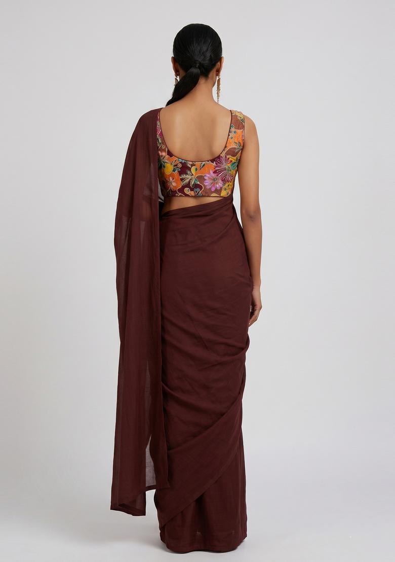 Chocolate Brown Floral Print Silk Blend Pre Draped Saree Set - Indya