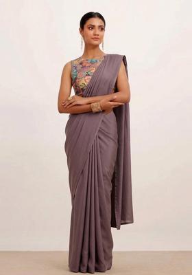 Slate Grey Floral Print Silk Blend Pre Draped Saree Set