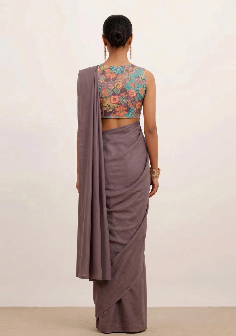 Slate Grey Floral Print Silk Blend Pre Draped Saree Set - Indya