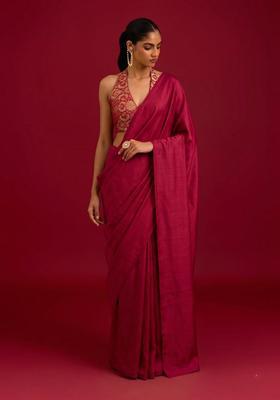 Deep Maroon Brocade Pre Draped Saree Set